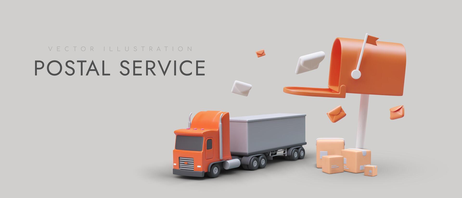 Realistic 3d truck standing near open mailbox and parcels. Goods delivery to different places vector