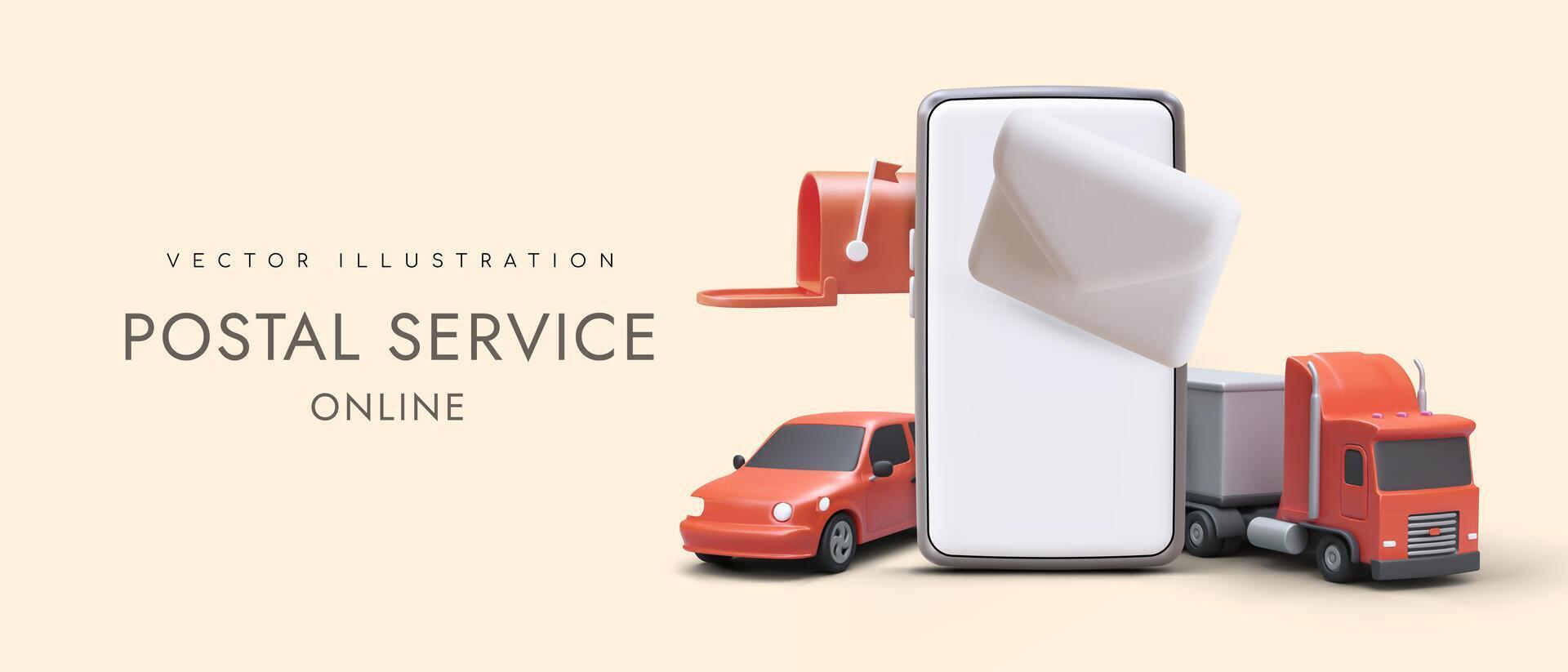 Realistic 3d smartphone, automobiles, mailbox and letter. Online delivery order concept vector