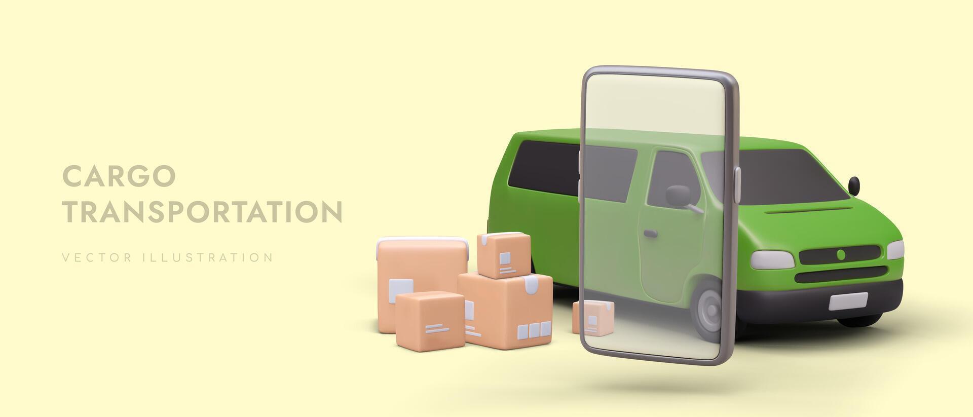 3d smartphone, green truck and carton boxes. Online order of cargo transportation vector