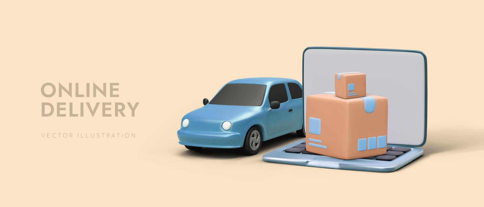 Advertising poster for online delivery company with 3d cartoon car, laptop and boxes vector