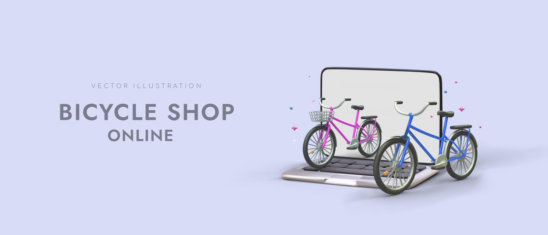 3d realistic bicycles standing near laptop. Advertising poster, landing page for online store vector