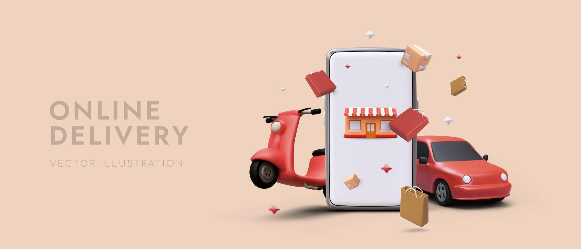 dibujos animados teléfono inteligente con rojo scooter y coche. compras en línea en supermercado, ordenando rápido entrega vector