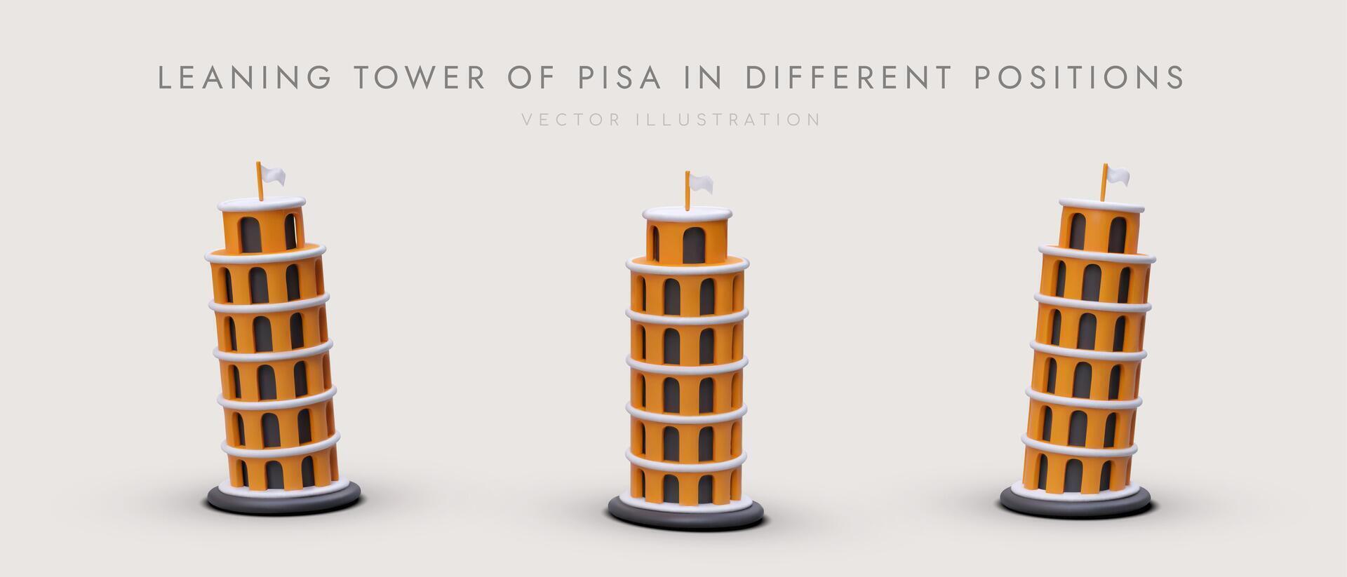 3d Leaning Tower of Pisa in different positions. Advertising poster of postcard with place for text vector