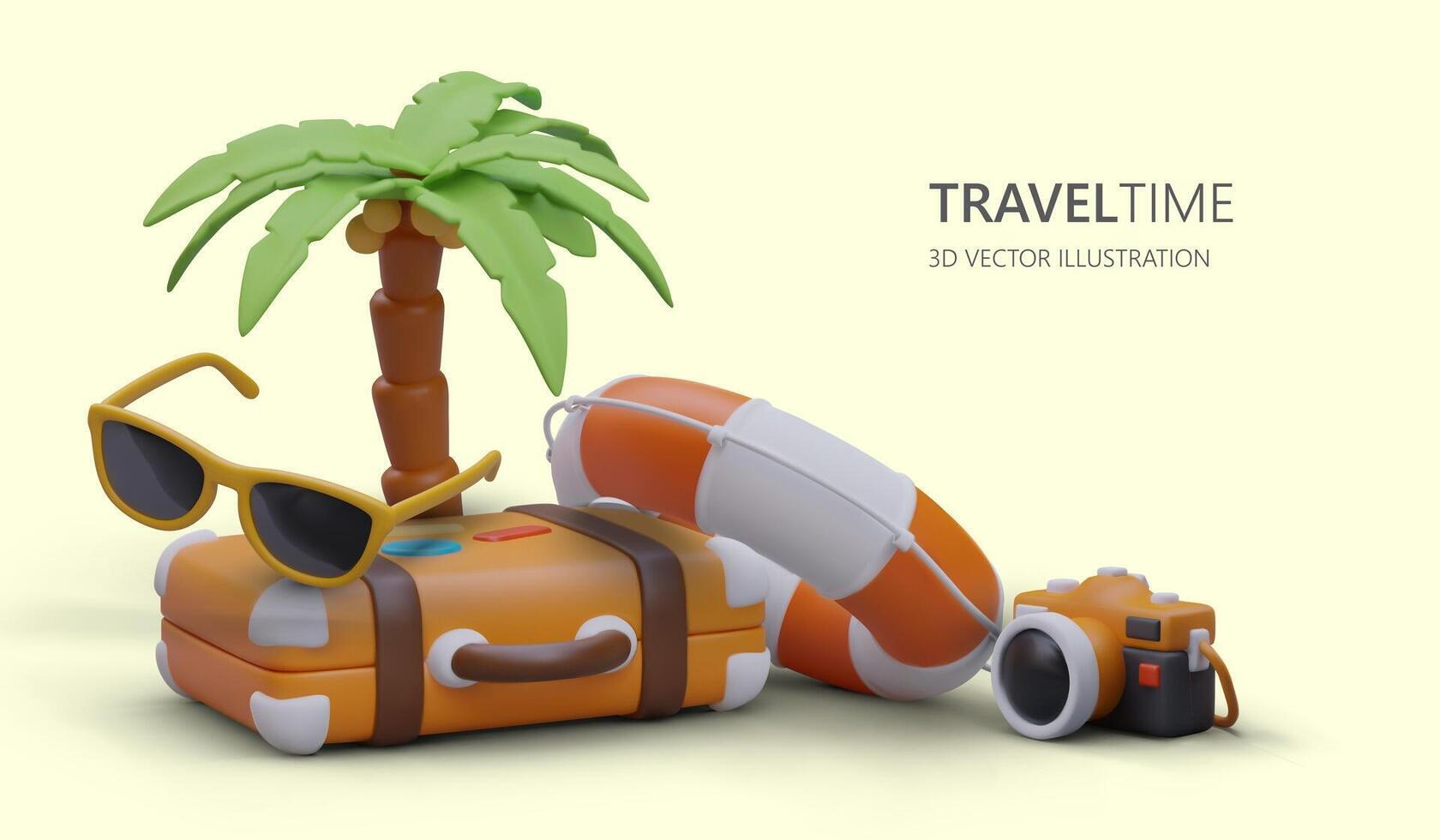 Lets pack things for vacation. Colorful banner with cute 3D illustration in cartoon style vector