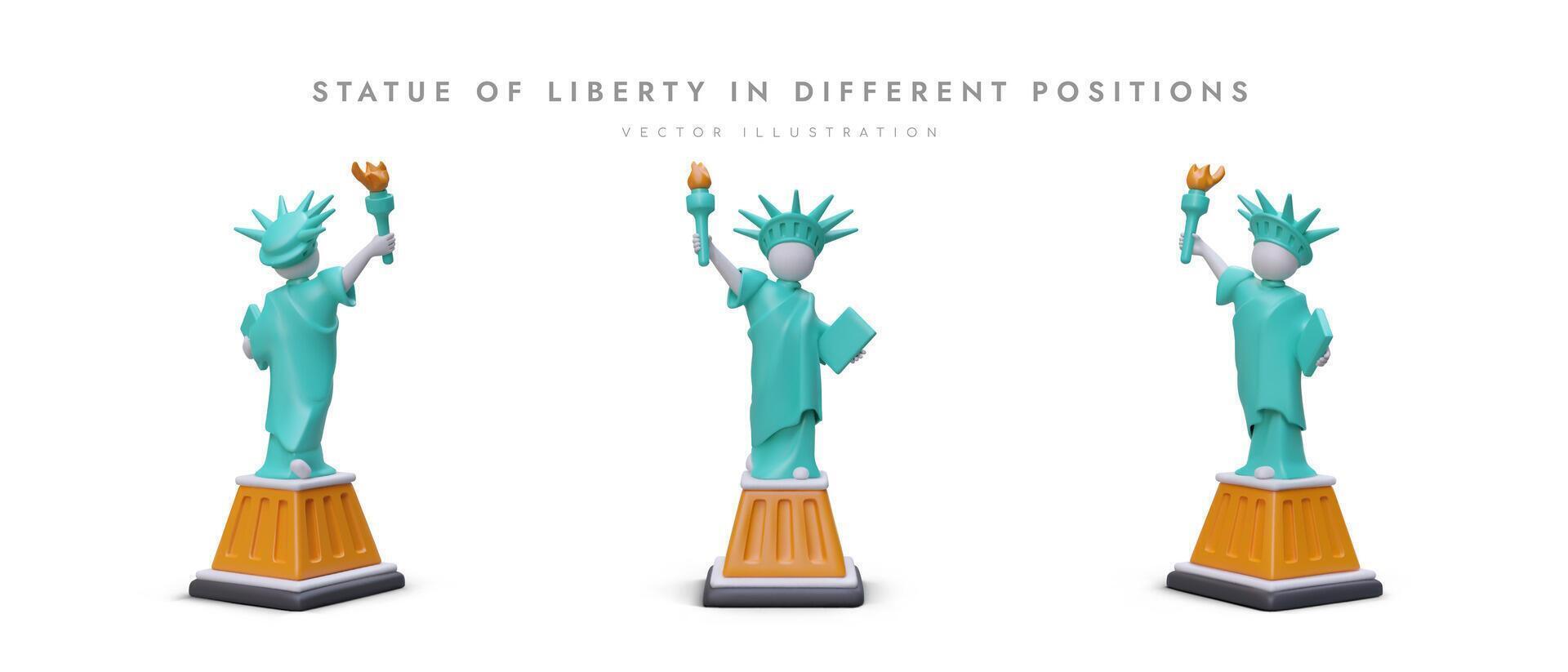 americano estatua de libertad desde diferente lados conjunto de 3d íconos en dibujos animados estilo vector