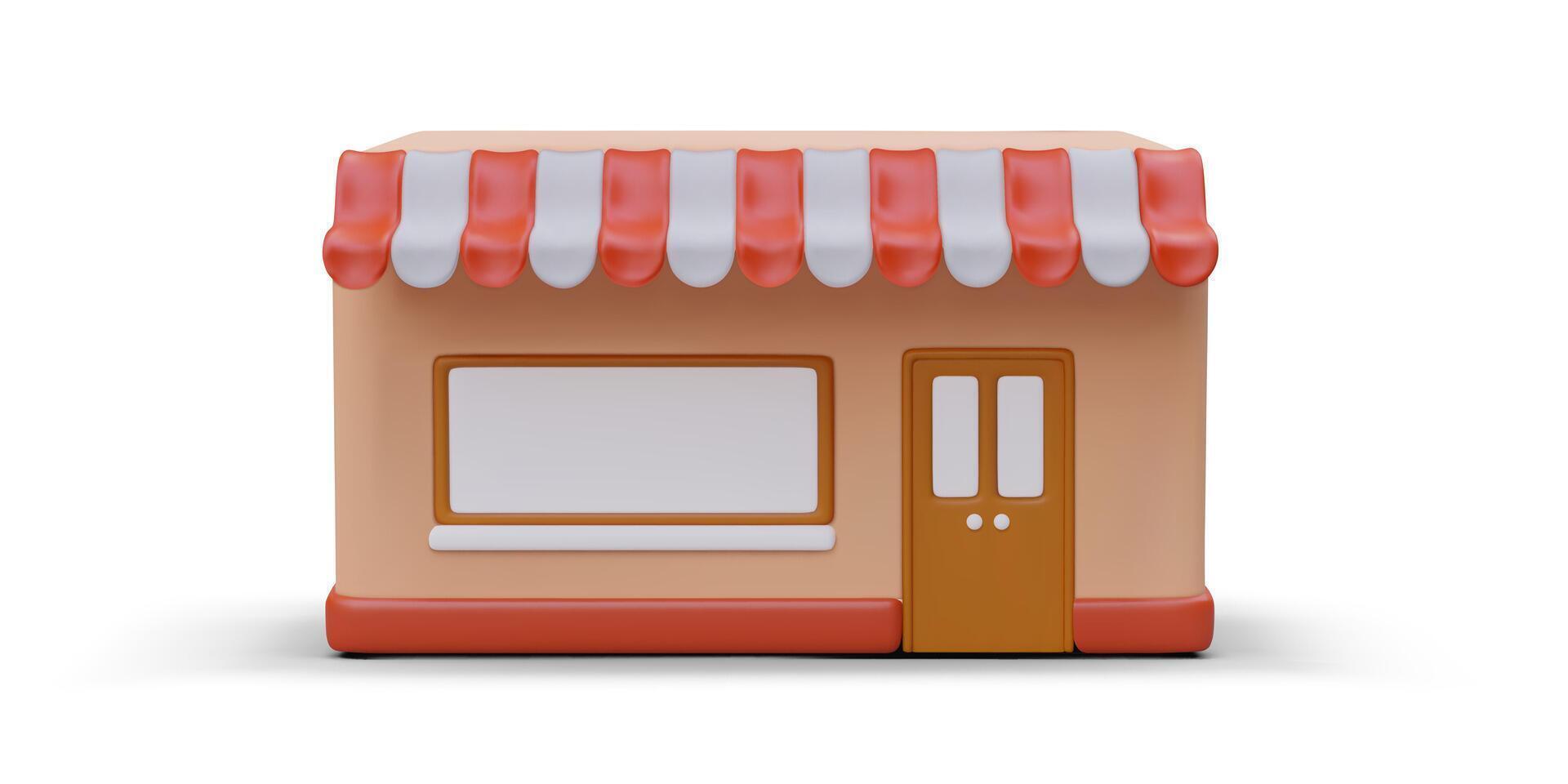 3D house in cartoon style, front view. Realistic store, striped canopy vector