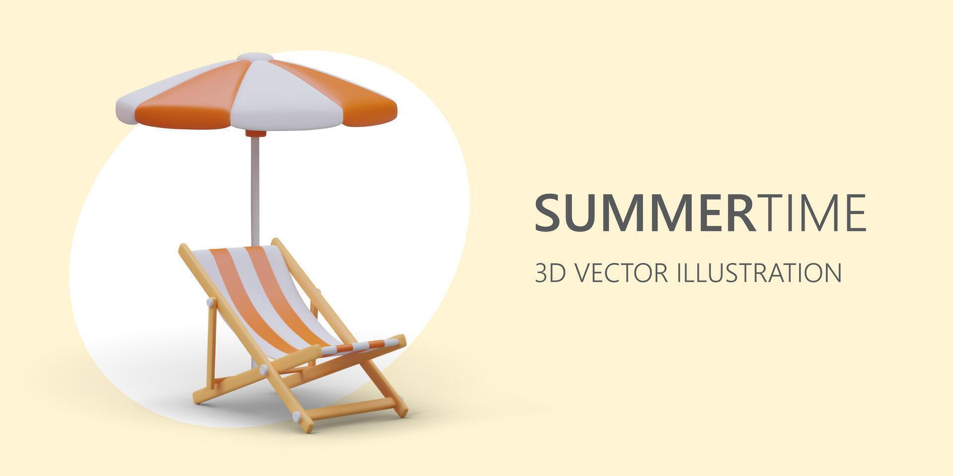 Summer vacation, sunbathing time. Realistic beach umbrella, striped deck chair vector