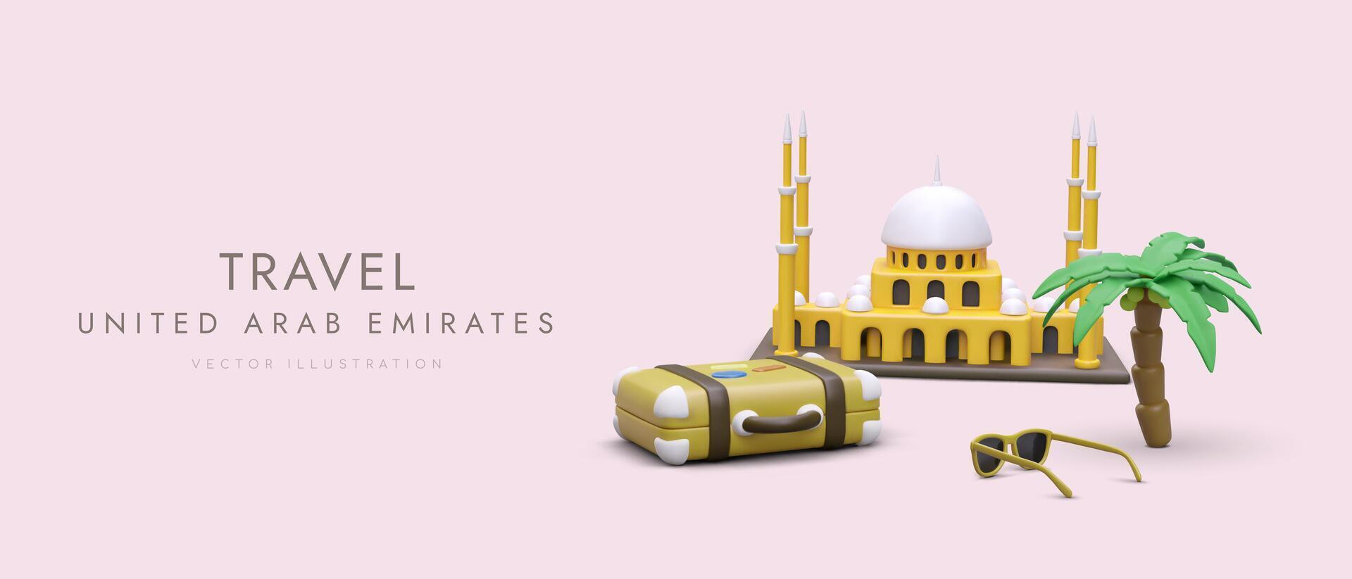 Travel to Arab Emirates. Poster for web design with 3D elements vector