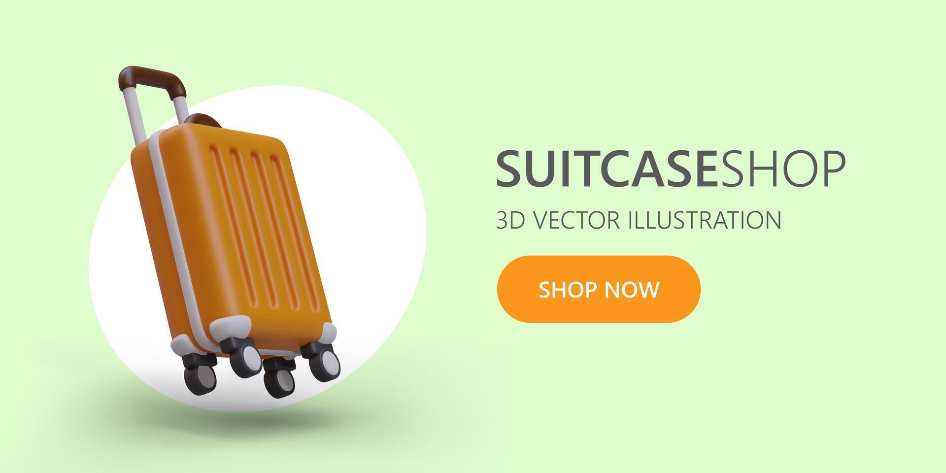 Banner for store selling suitcases. 3D luggage bag with retractable handle and wheels vector