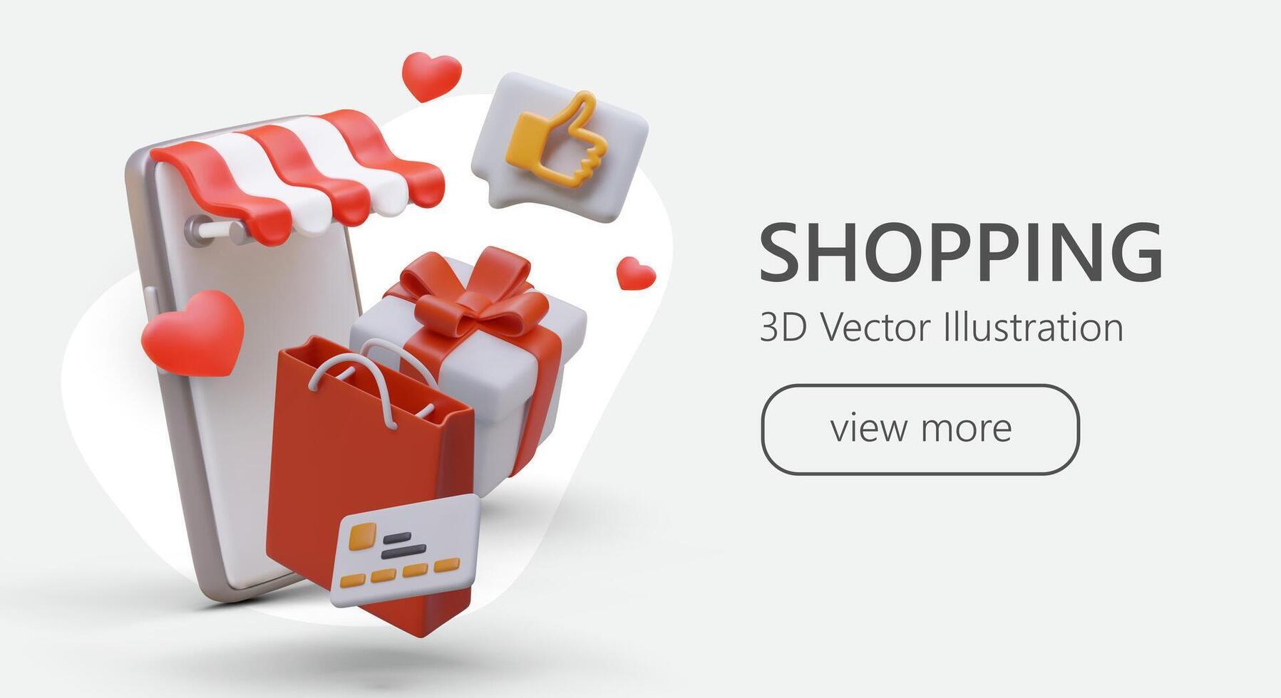 Fun shopping with gifts. 3D likes, reviews, bonuses. Realistic online store advertising vector