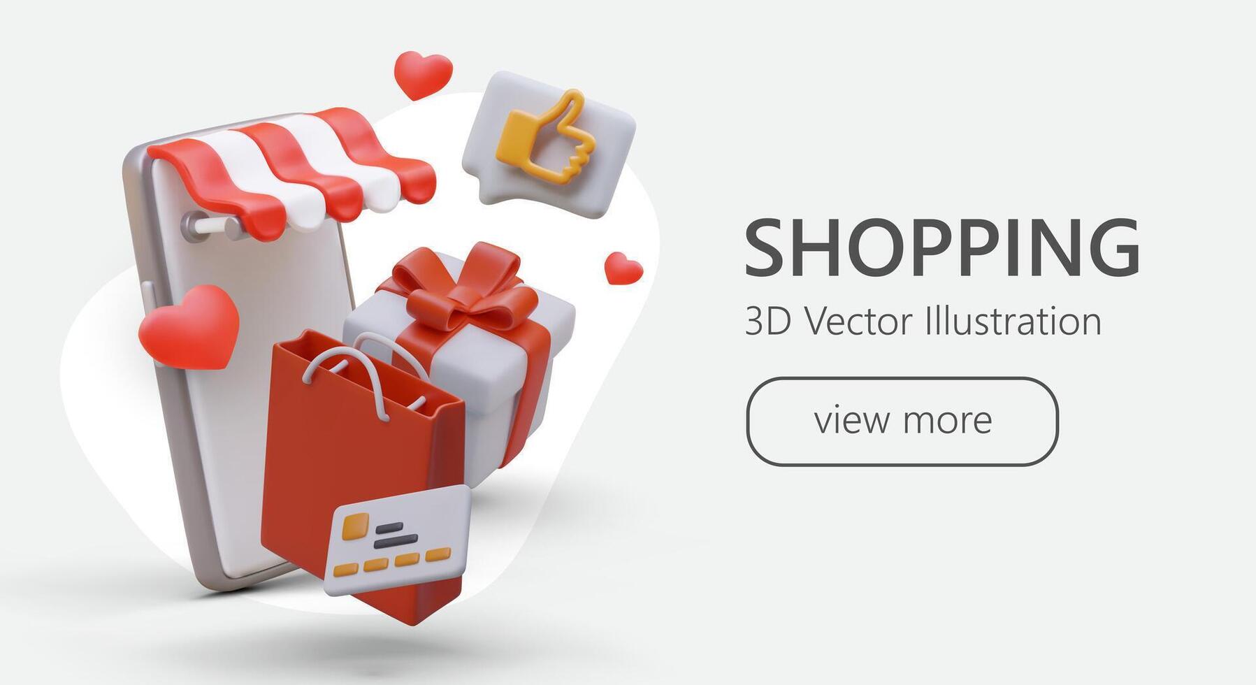 divertido compras con regalos. 3d gustos, reseñas, bonos realista en línea Tienda publicidad vector