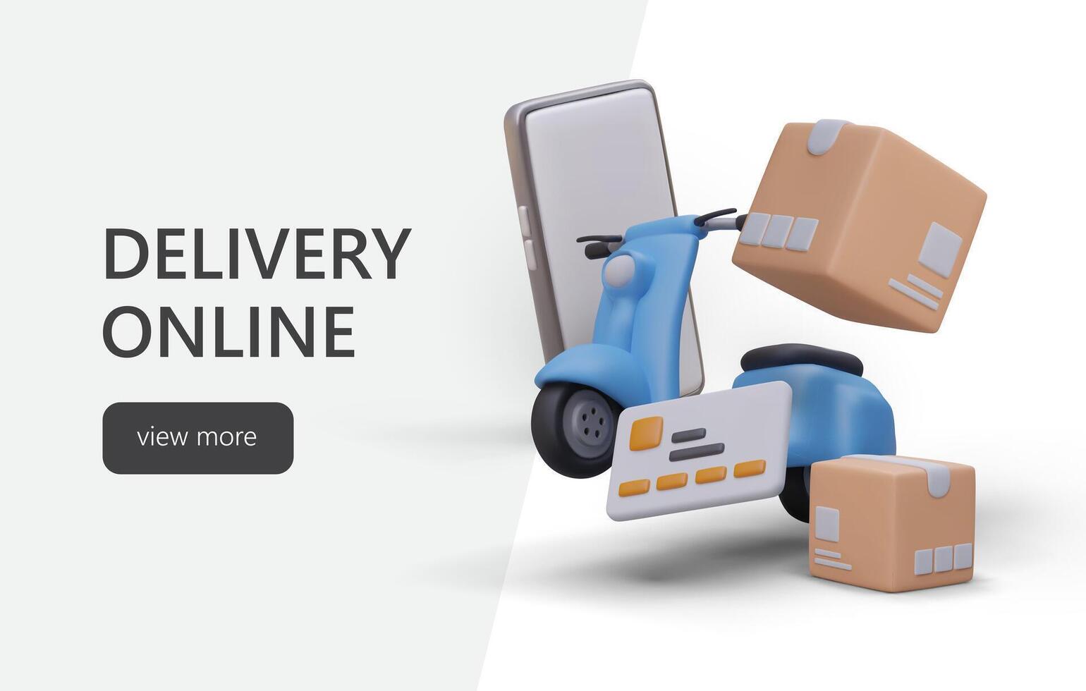 Electric scooter is in hurry to deliver boxes. Phone app for ordering courier services vector