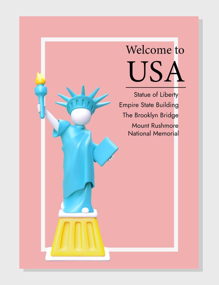 Welcome to USA. Template of original tourist postcard with 3D Statue of Liberty vector