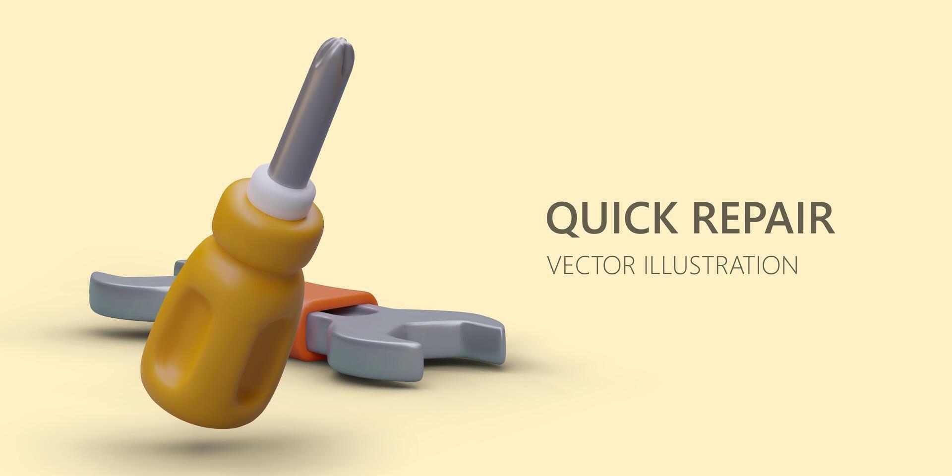 Vector illustration in cartoon style with realistic repair tool kit. 3d screwdriver and wrench