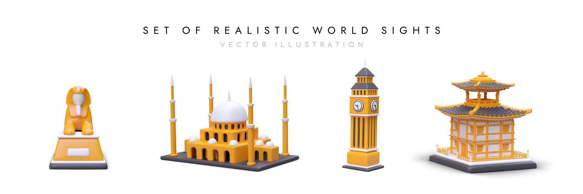 realista monumentos de mundo con oscuridad en blanco antecedentes. conjunto de de colores 3d íconos vector