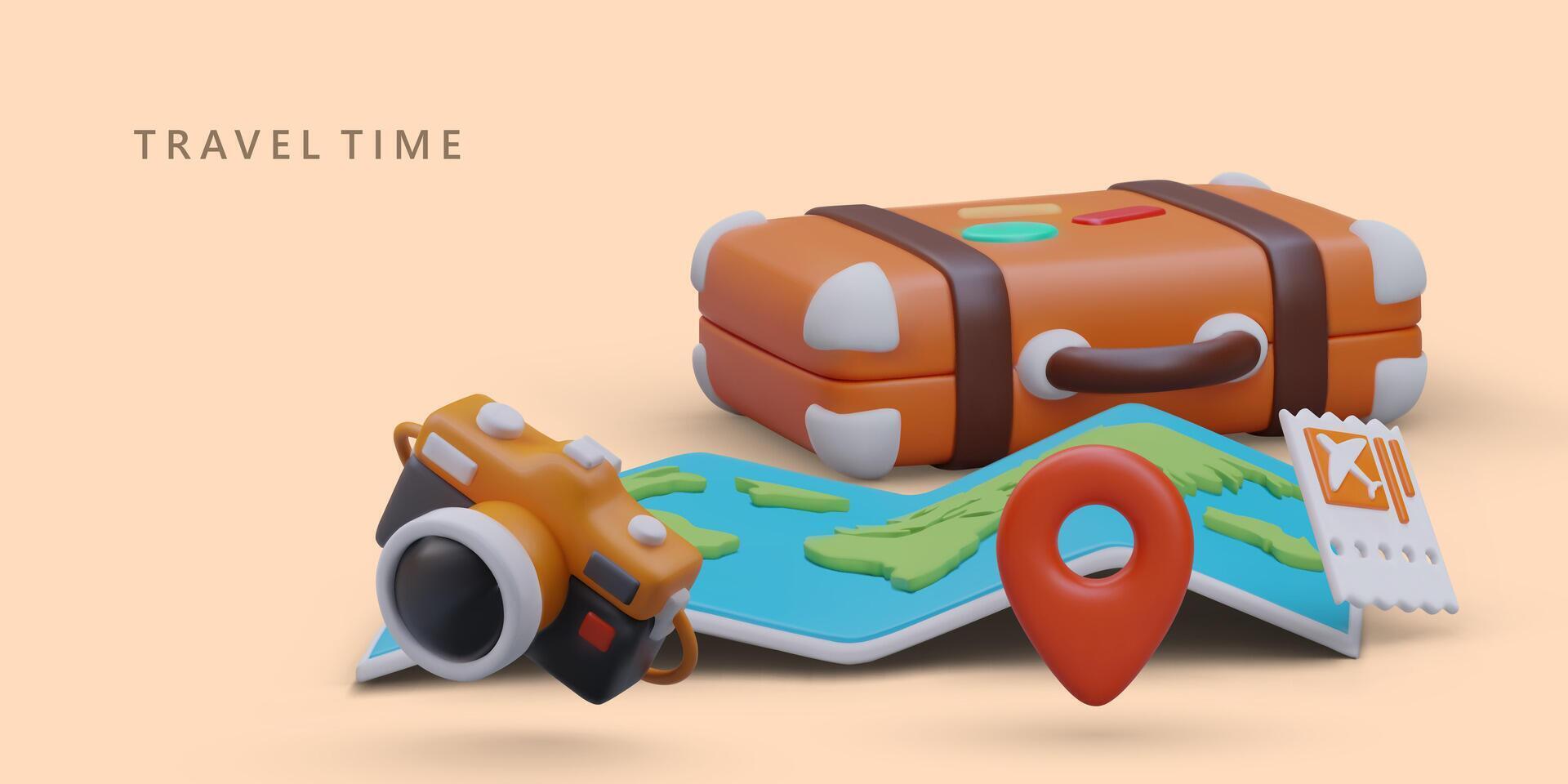 3d realistic location sign, map, camera and suitcase. Advertising poster for travel company vector