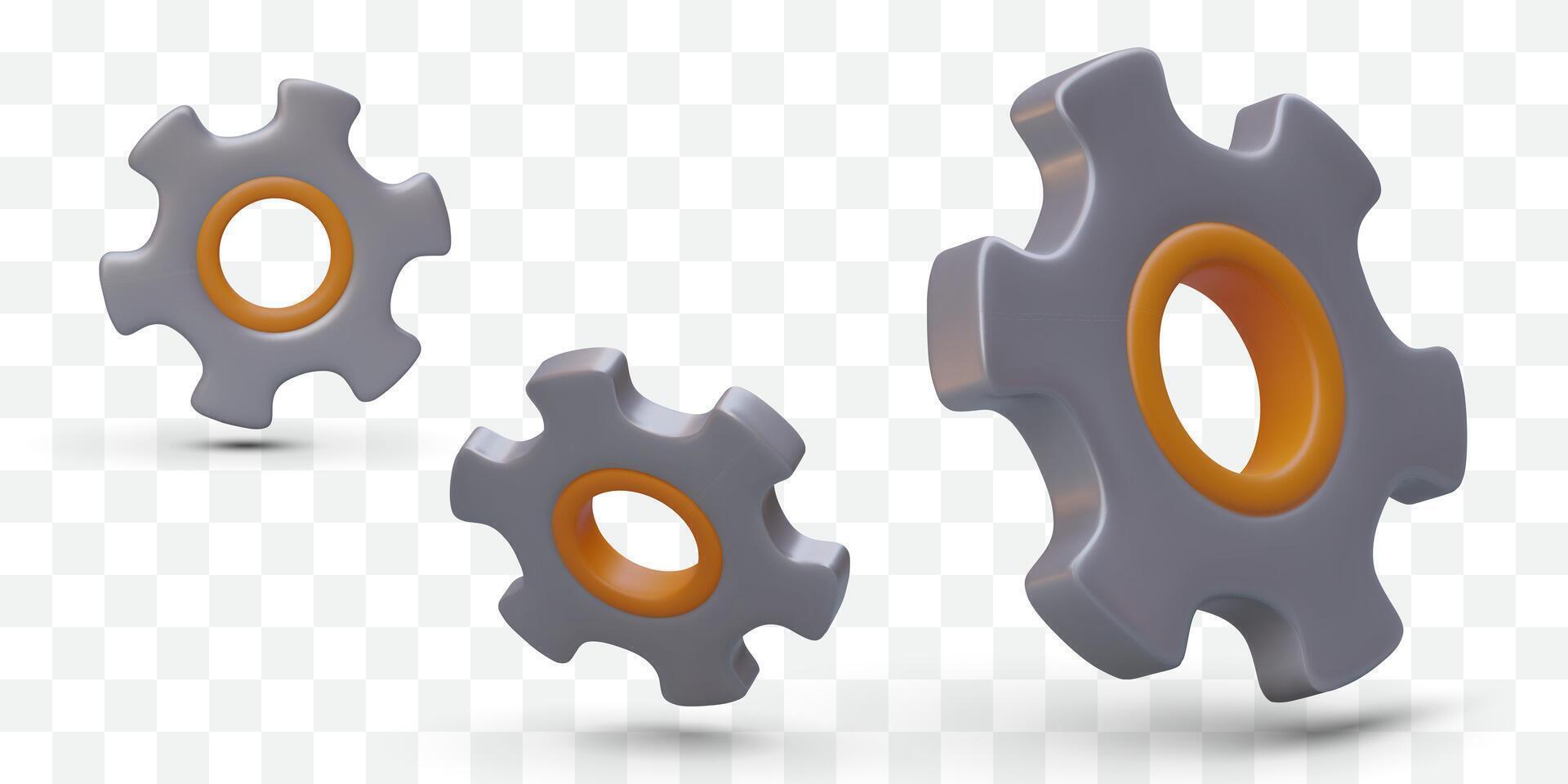 Set of 3D gears with shadows. Isolated vector images of tools