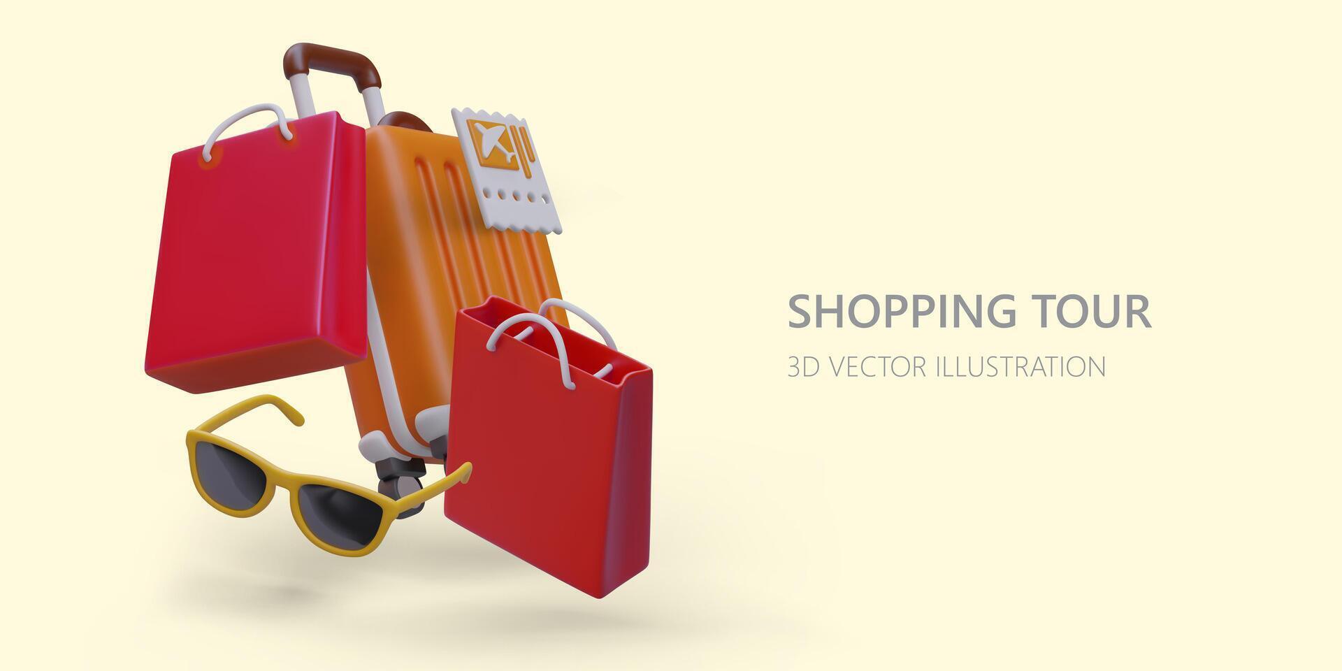 póster con 3d realista compras bolsas, Gafas de sol y carretilla bolso vector