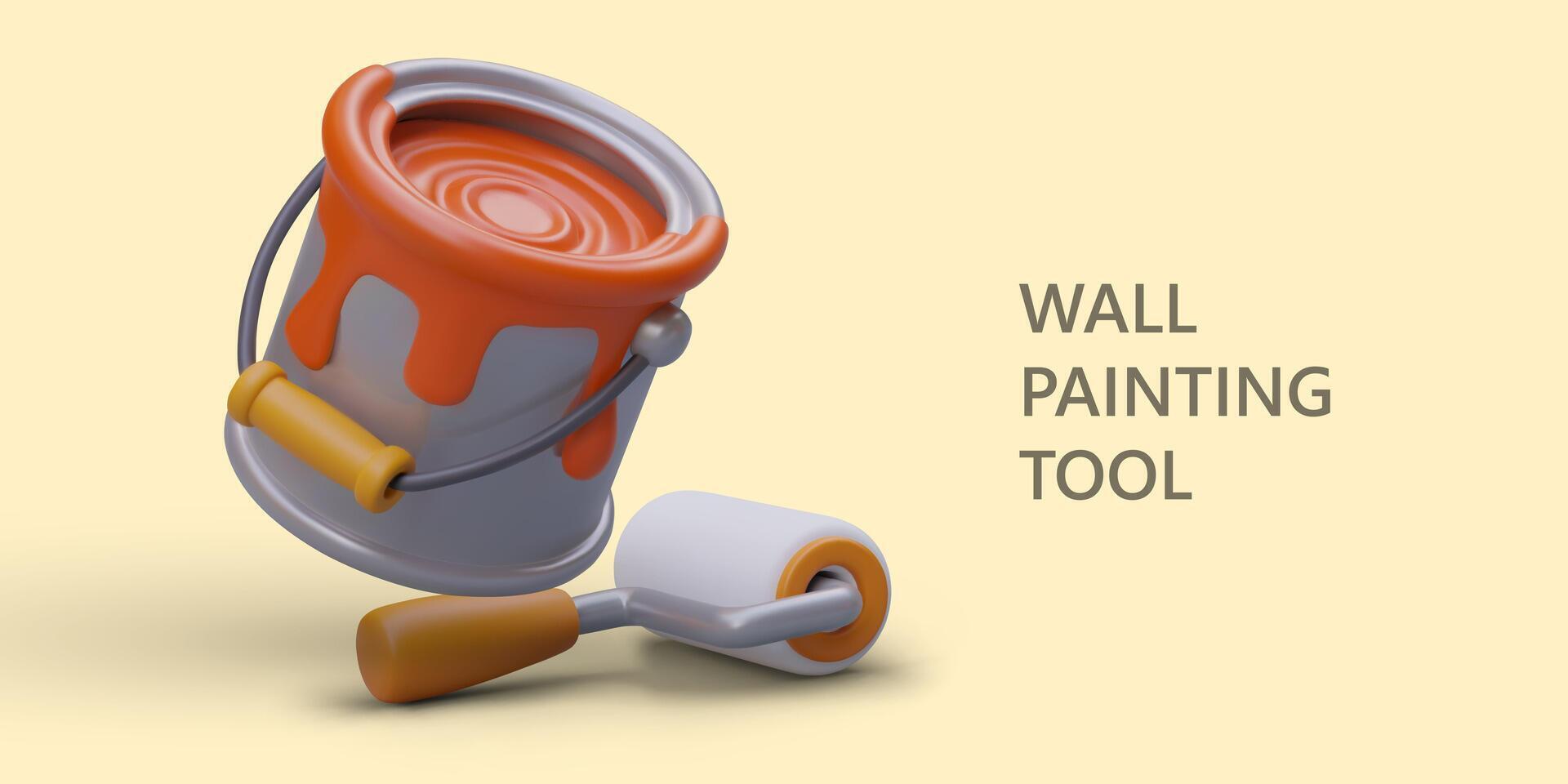 Set for painting wall. 3D bucket with red paint, roller vector