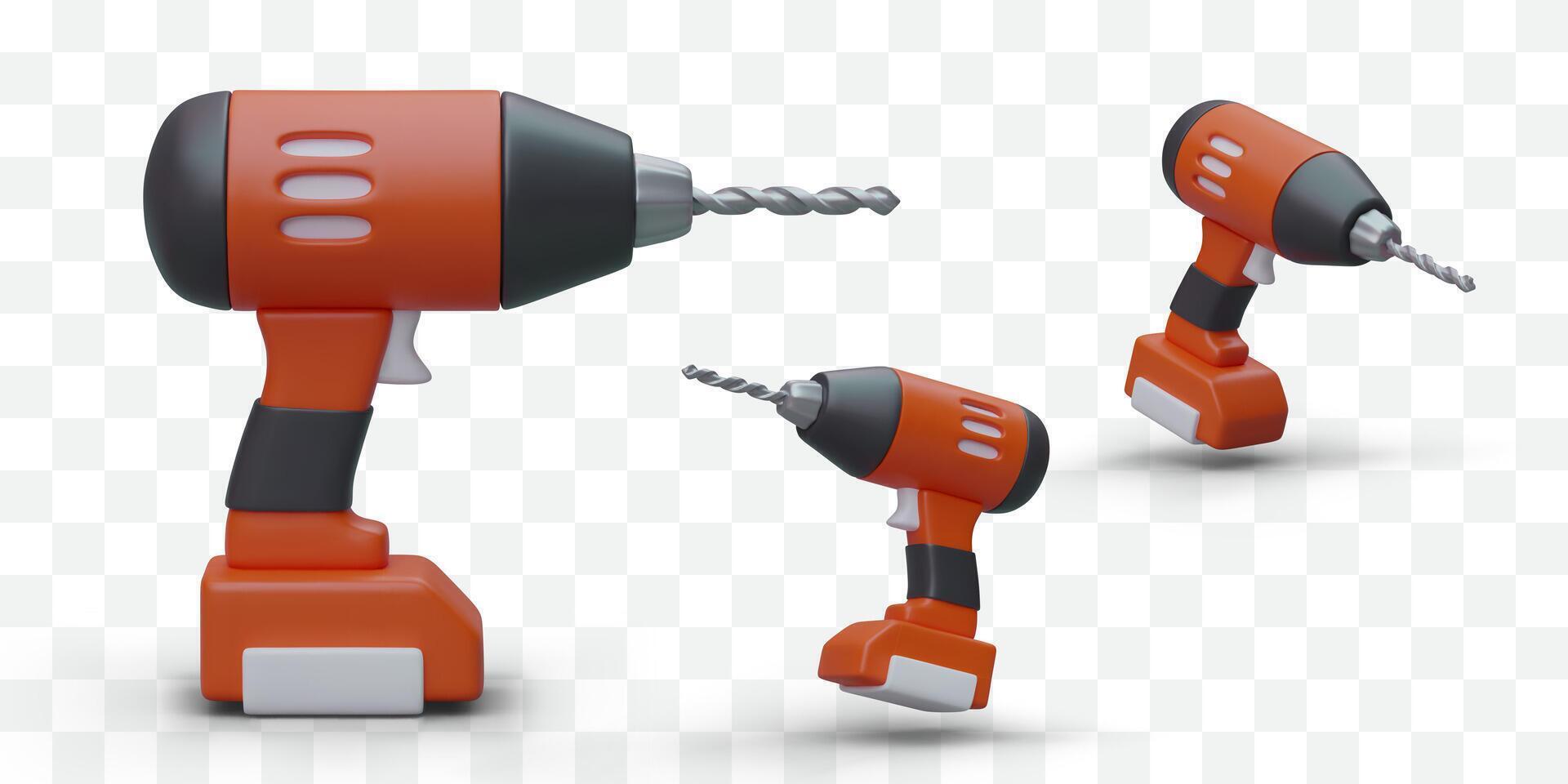 Set of realistic electric drills. 3D hand drilling machine, side, top, bottom view vector