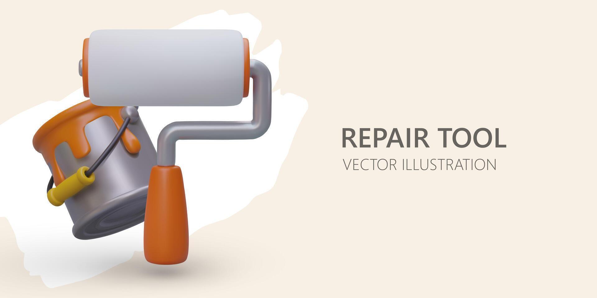 Repair tool kit concept. 3d realistic bucket with orange paint and roller vector