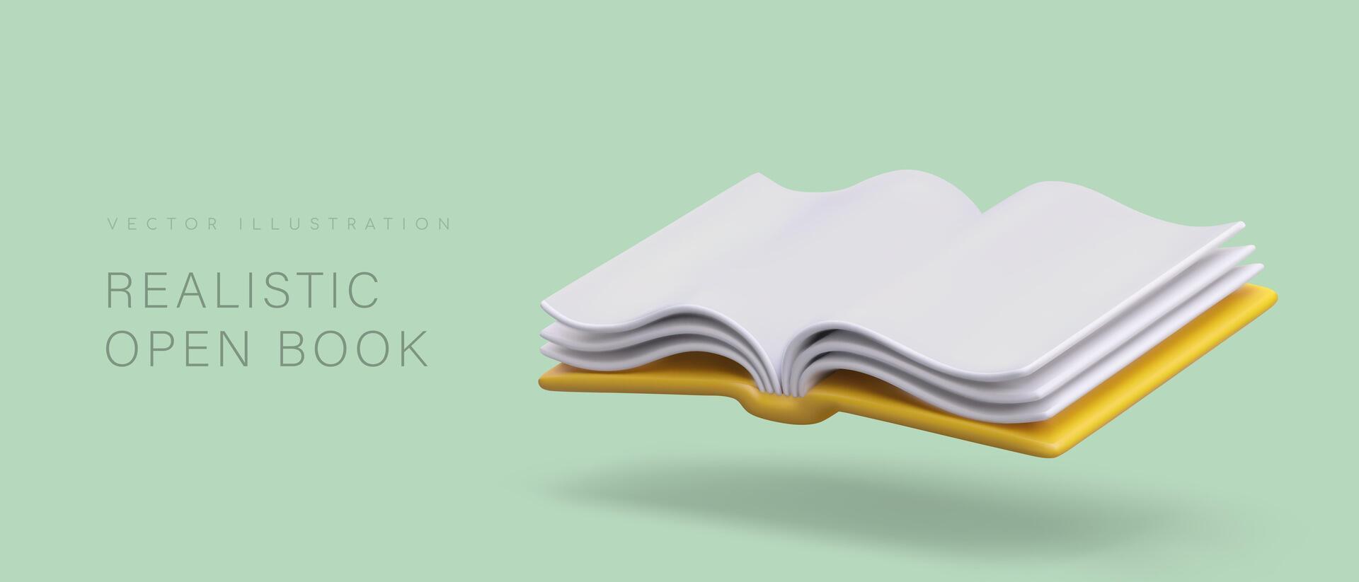 3d realista abierto libro con amarillo cubrir. póster con productos para libro en línea Tienda concepto vector