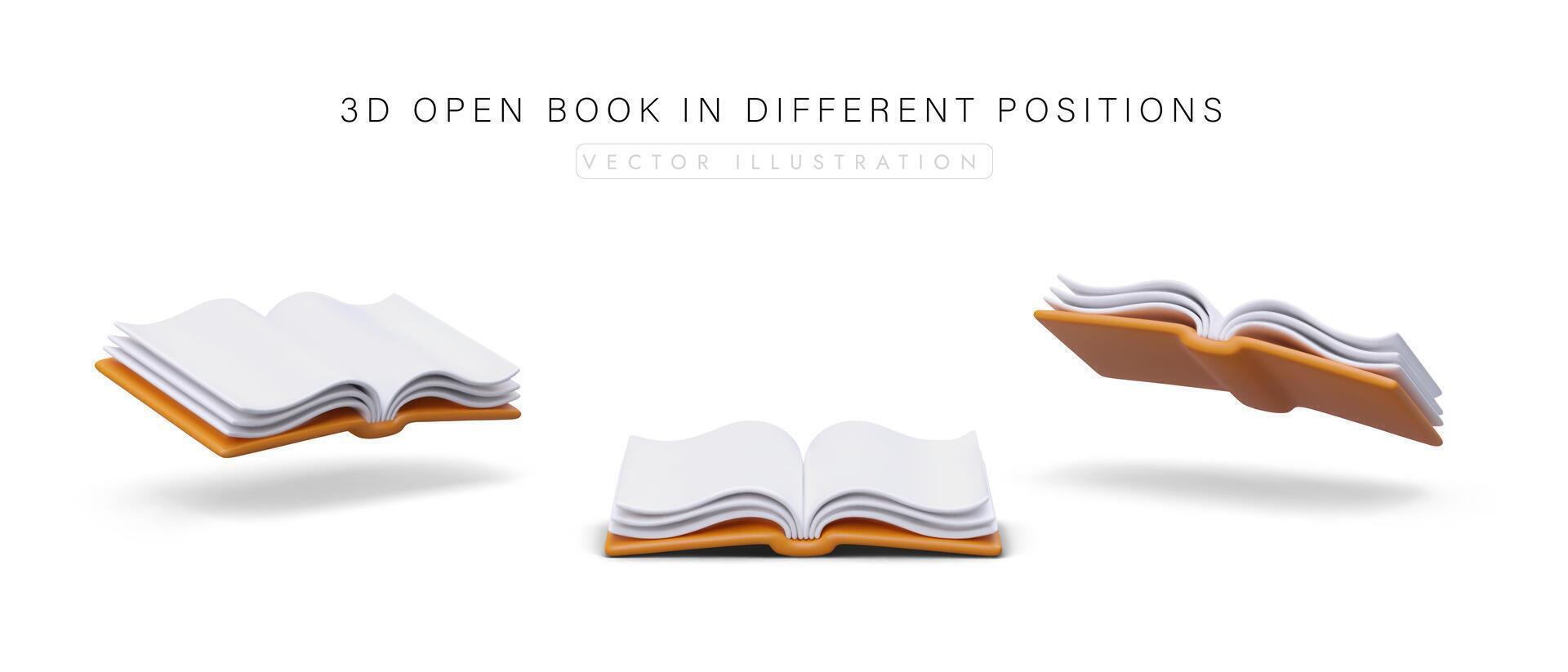 3D open book in different positions on white background. Set of book icons, side, top, bottom view vector