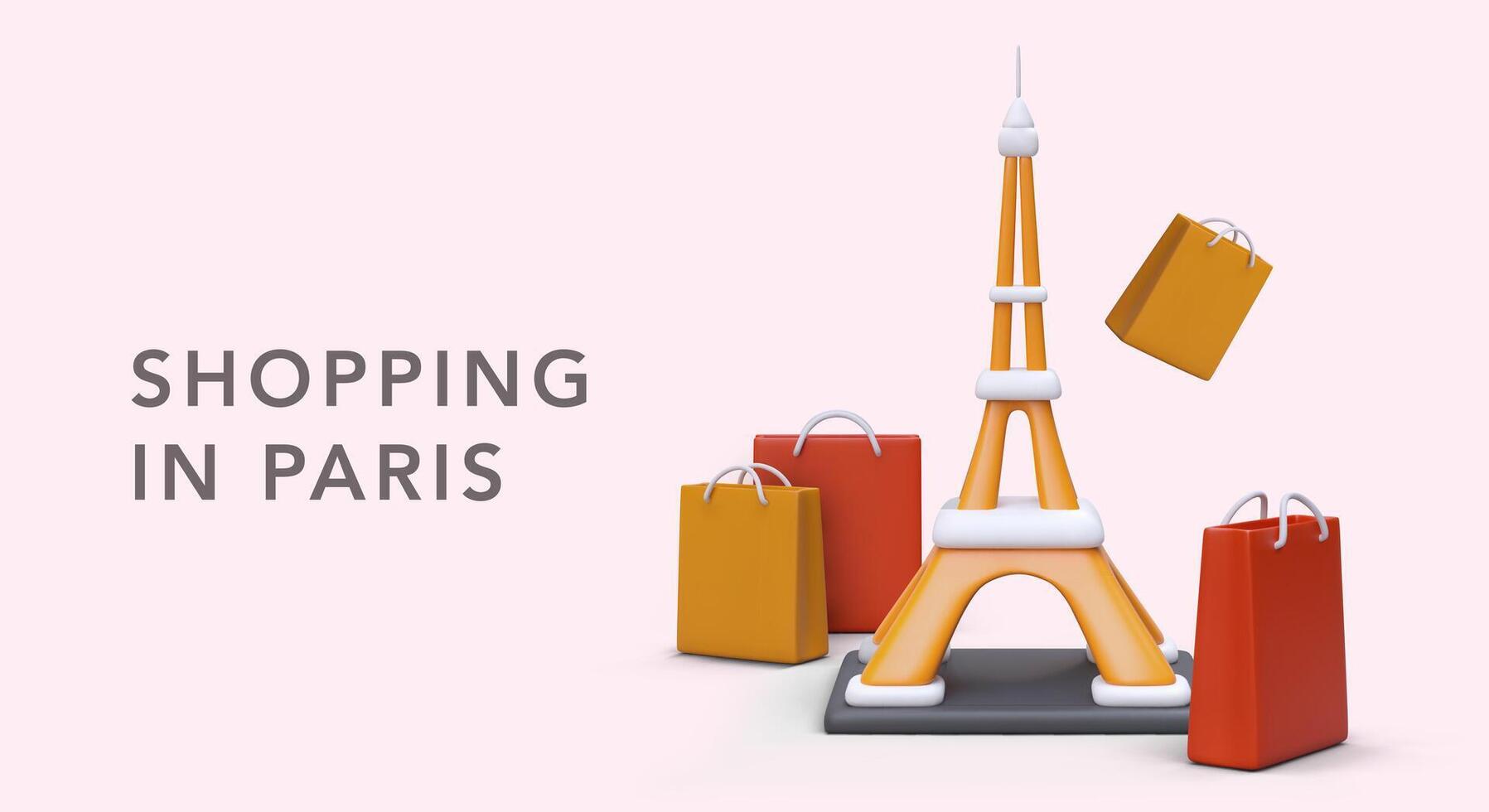 Shopping in Paris. 3D Eiffel Tower, paper bags with handles, advertising inscription vector