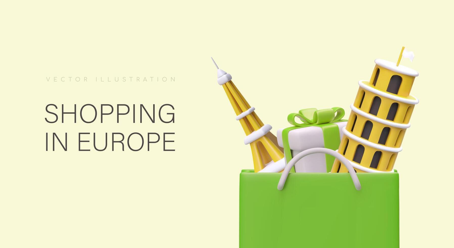 Advertising of shopping in Europe. 3D architectural monuments and gifts in package vector