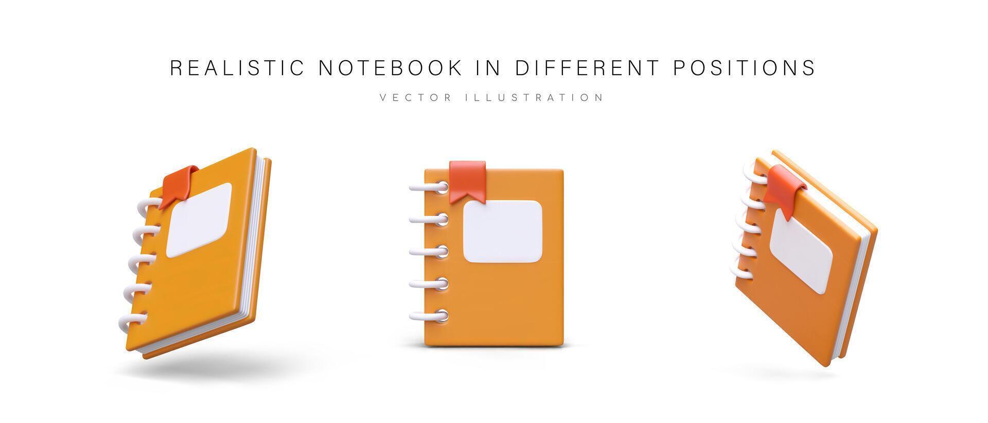 Realistic notebook in different positions. 3D planner with spring and bright bookmark vector