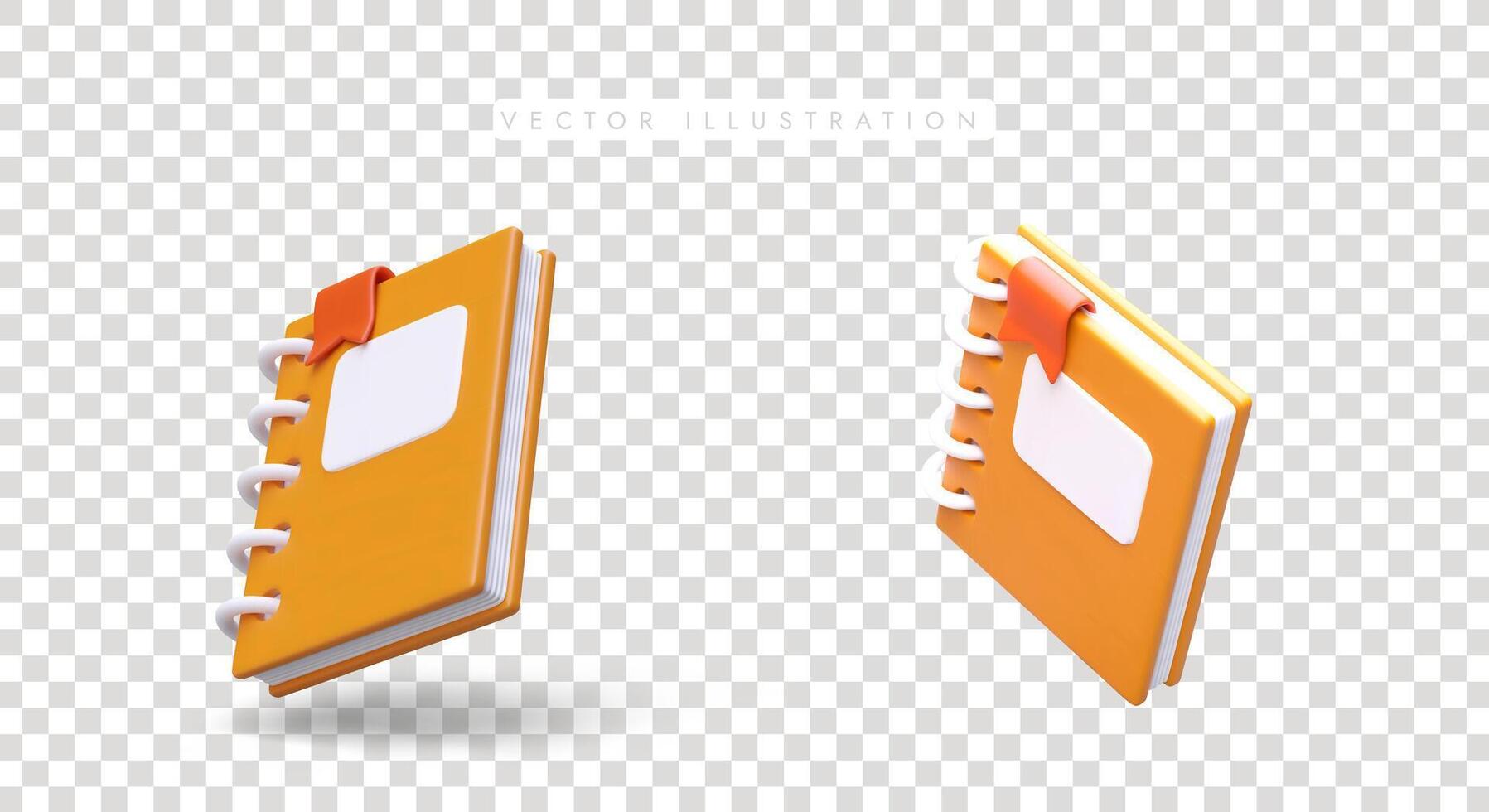 Set of 3d notebooks with orange cover in different positions vector