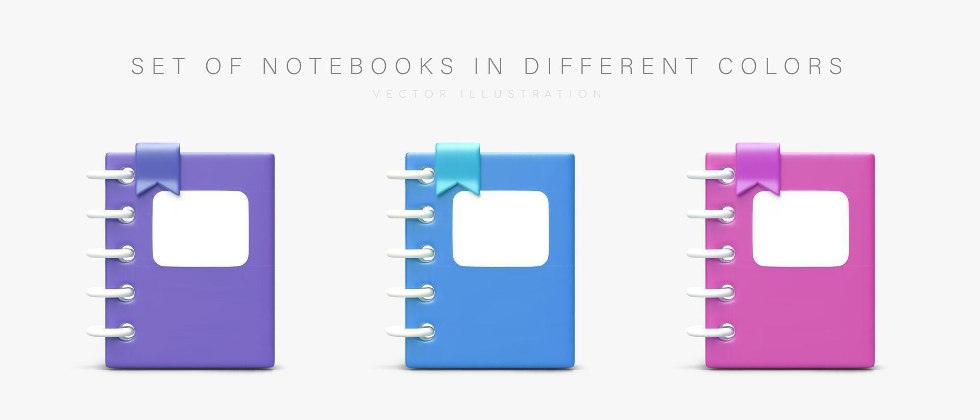 Set of 3D notebooks in different colors. Personal planers with vertical springs and tabs vector