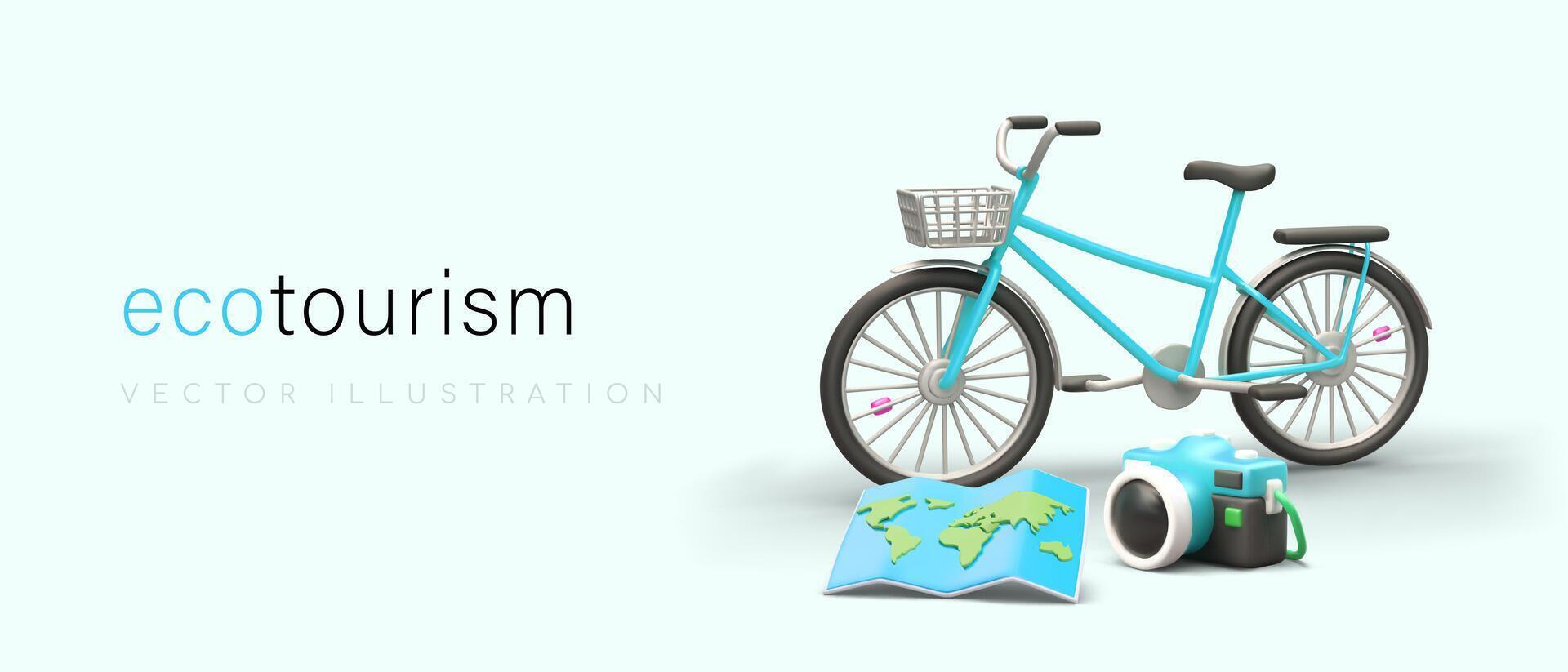 Advertising poster, ecotourism. Template with 3D bicycle, map, camera vector