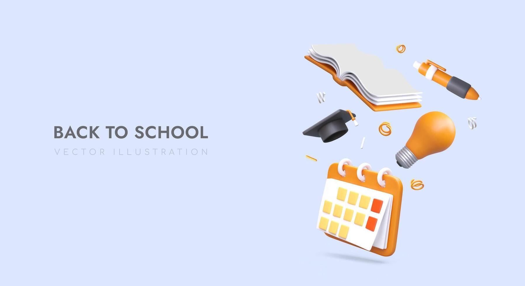 Back to school concept. 3d realistic calendar, bulb, open book, pen and academic hat vector