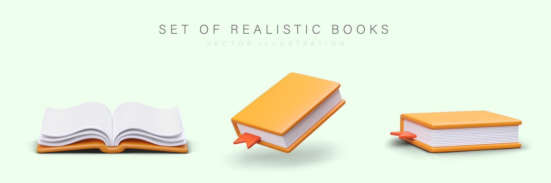 Set of realistic 3d books with orange cover in different positions vector