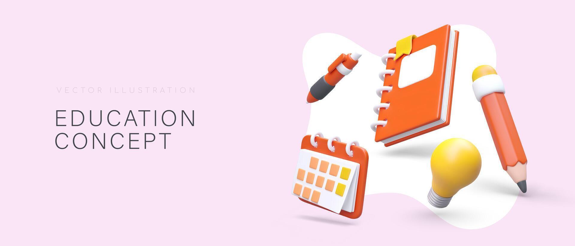 Promo poster for university concept. 3d realistic notebook, pencil, bulb, pen and calendar vector