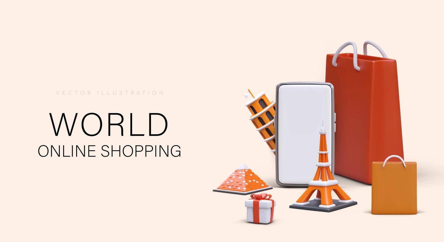 World online shopping. Advertising of phone application for choosing tour vector