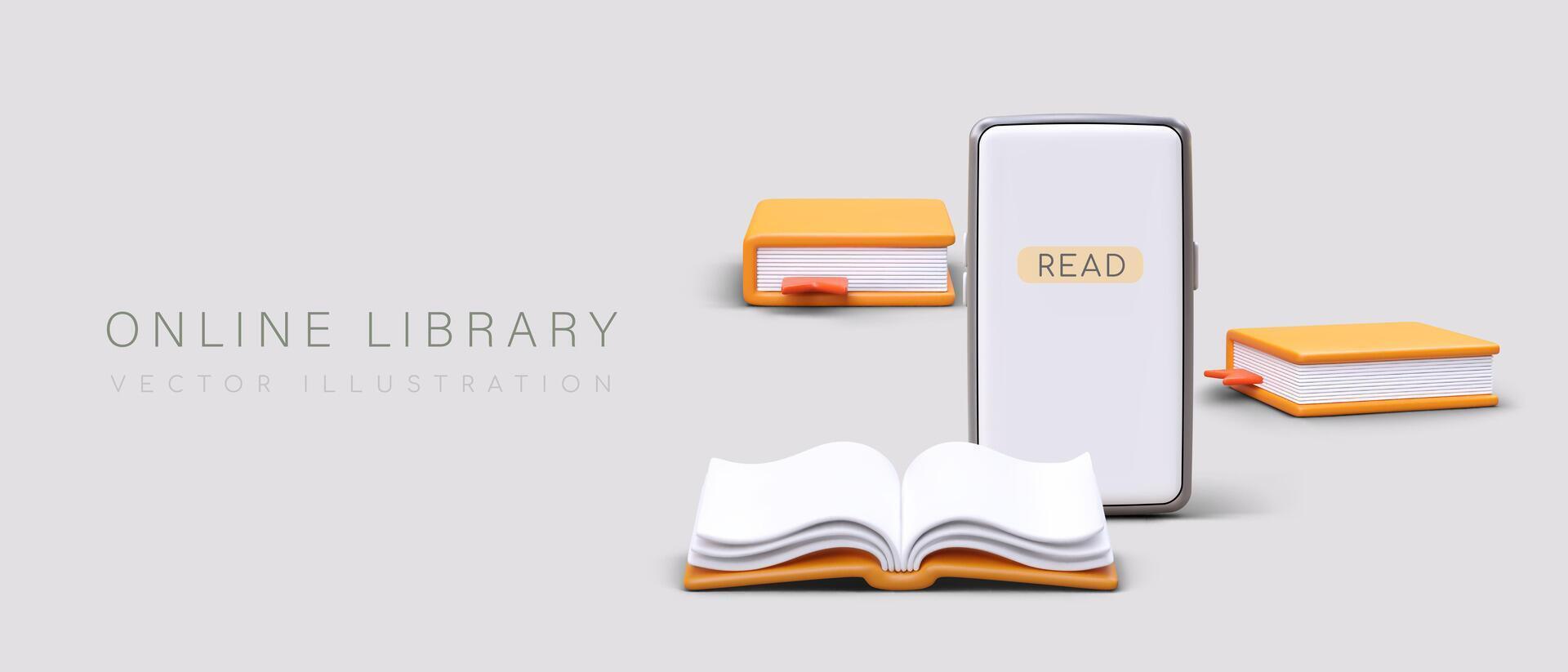 3d realistic books and mobile phone. Web poster for online library vector