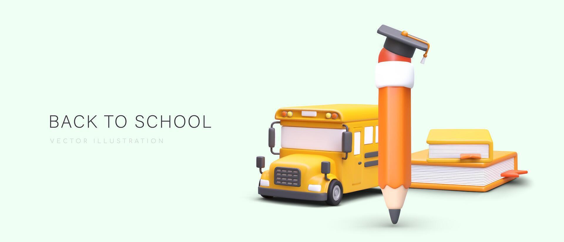 3D pencil wearing graduate cap. Isometric image of yellow bus, textbooks vector