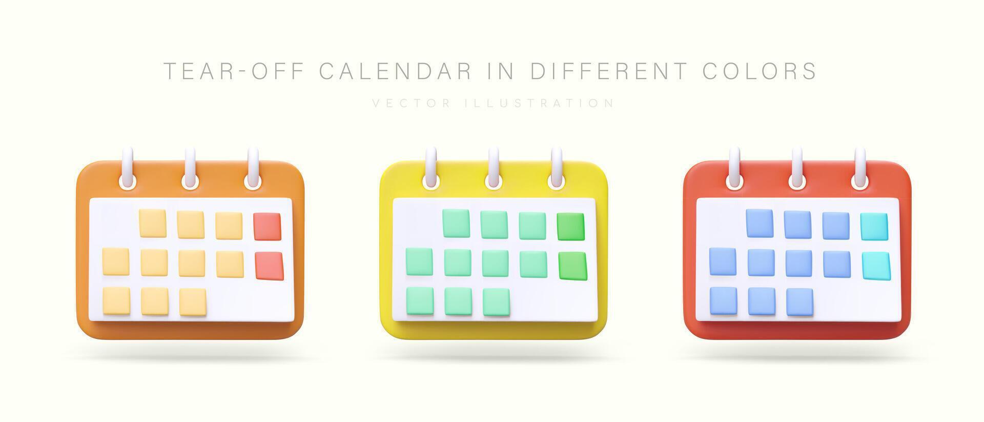 Set of tear off calendars in different colors. 3D planners with day markings vector