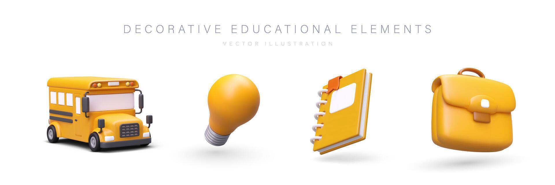 Collection of 3D yellow school icons. Set of decorative educational elements vector