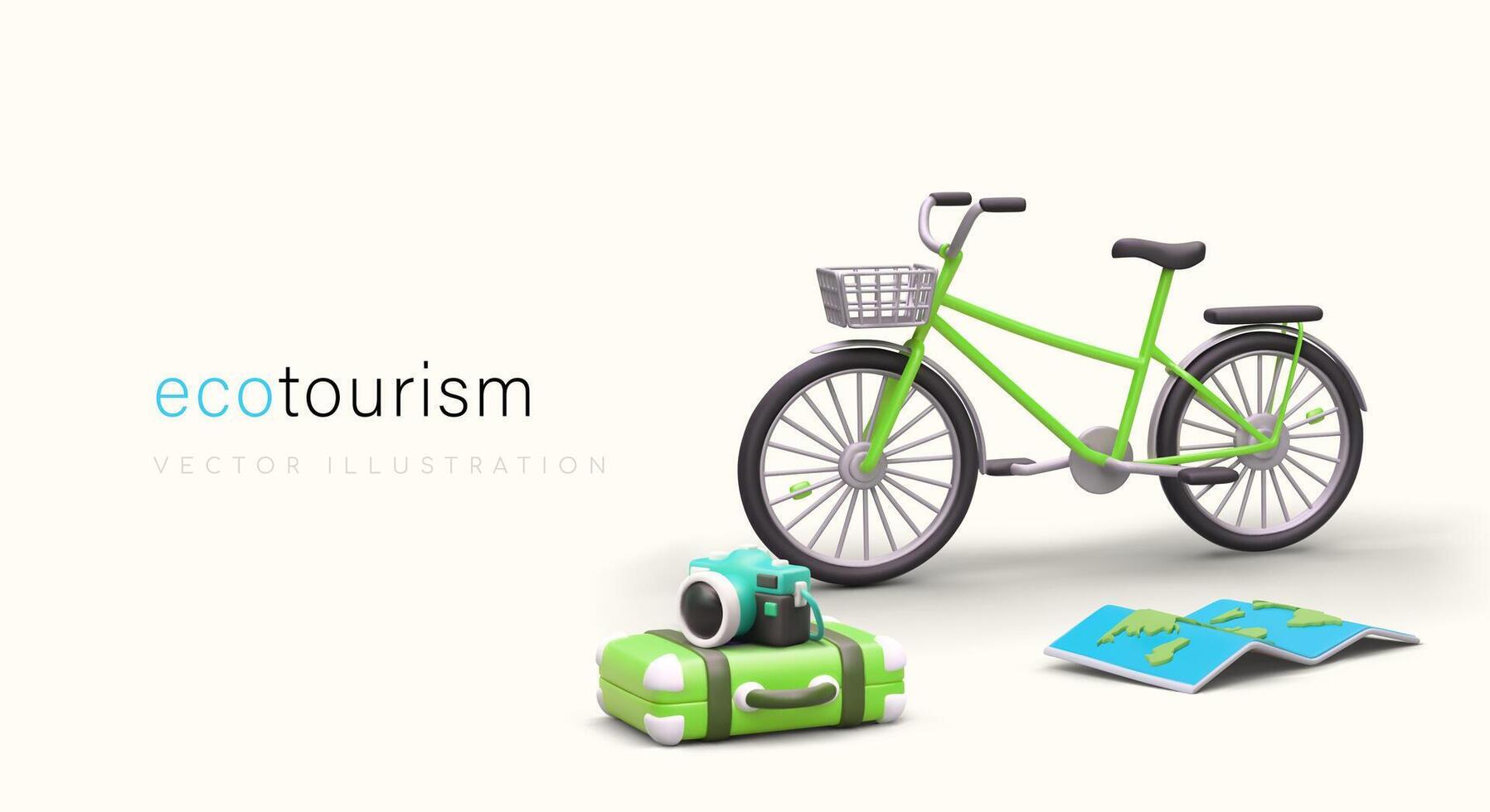 Vector concept of ecotourism. 3D bicycle, camera, map, suitcase