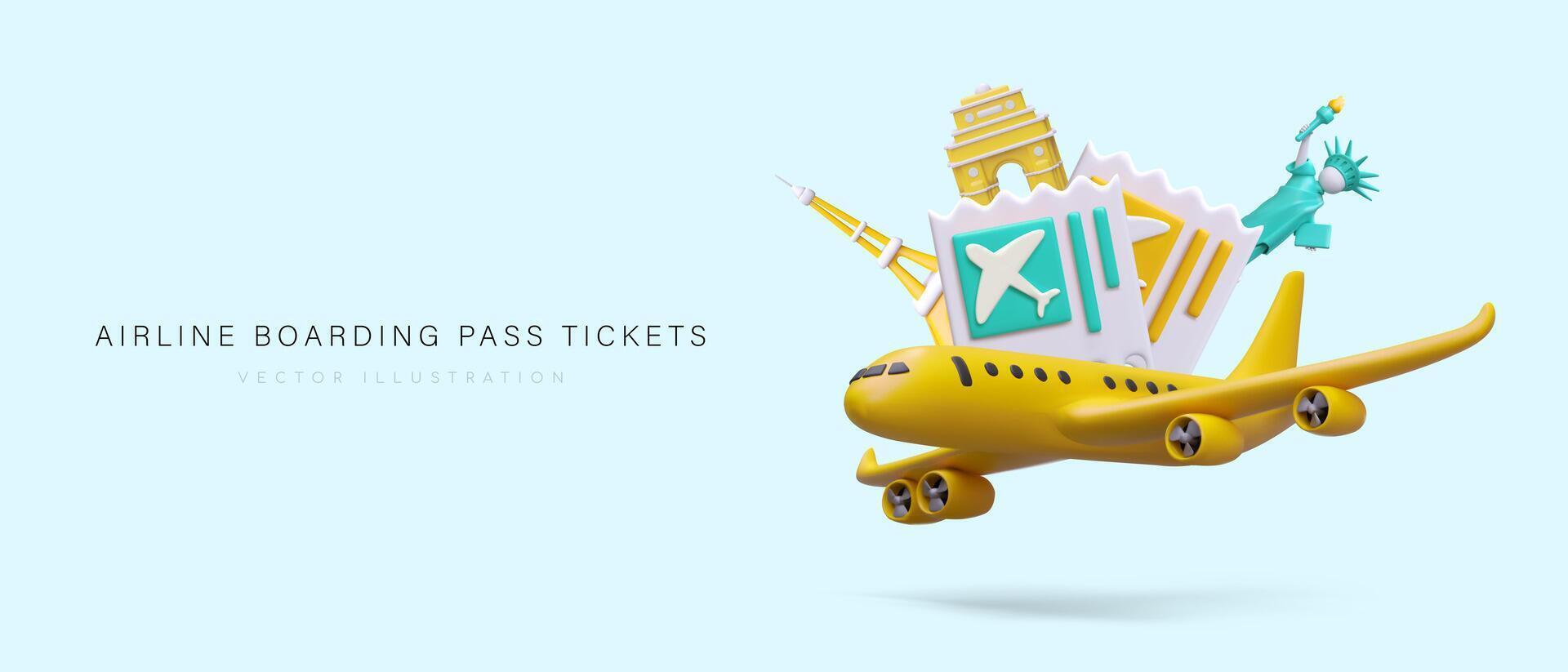 Airline boarding pass tickets. 3D plane with sights of different countries vector