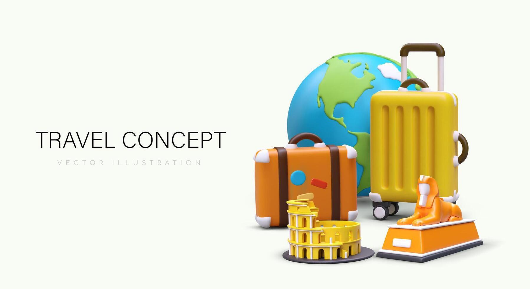 Travel concept for site. 3D Earth, suitcase, world sights. Family and group tours vector