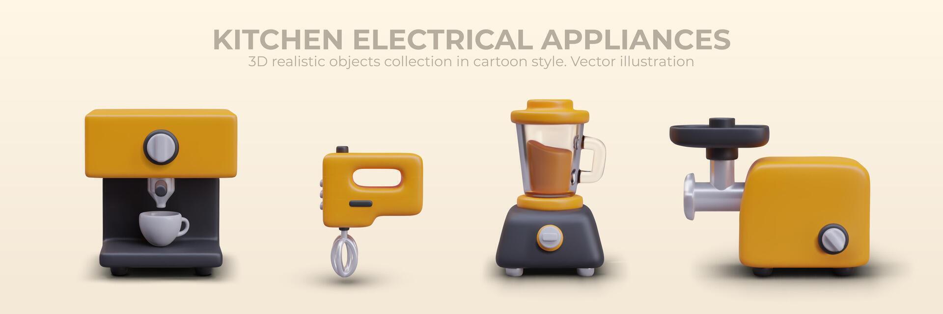Electric household kitchen appliances in cartoon style. Set of cooking tools vector