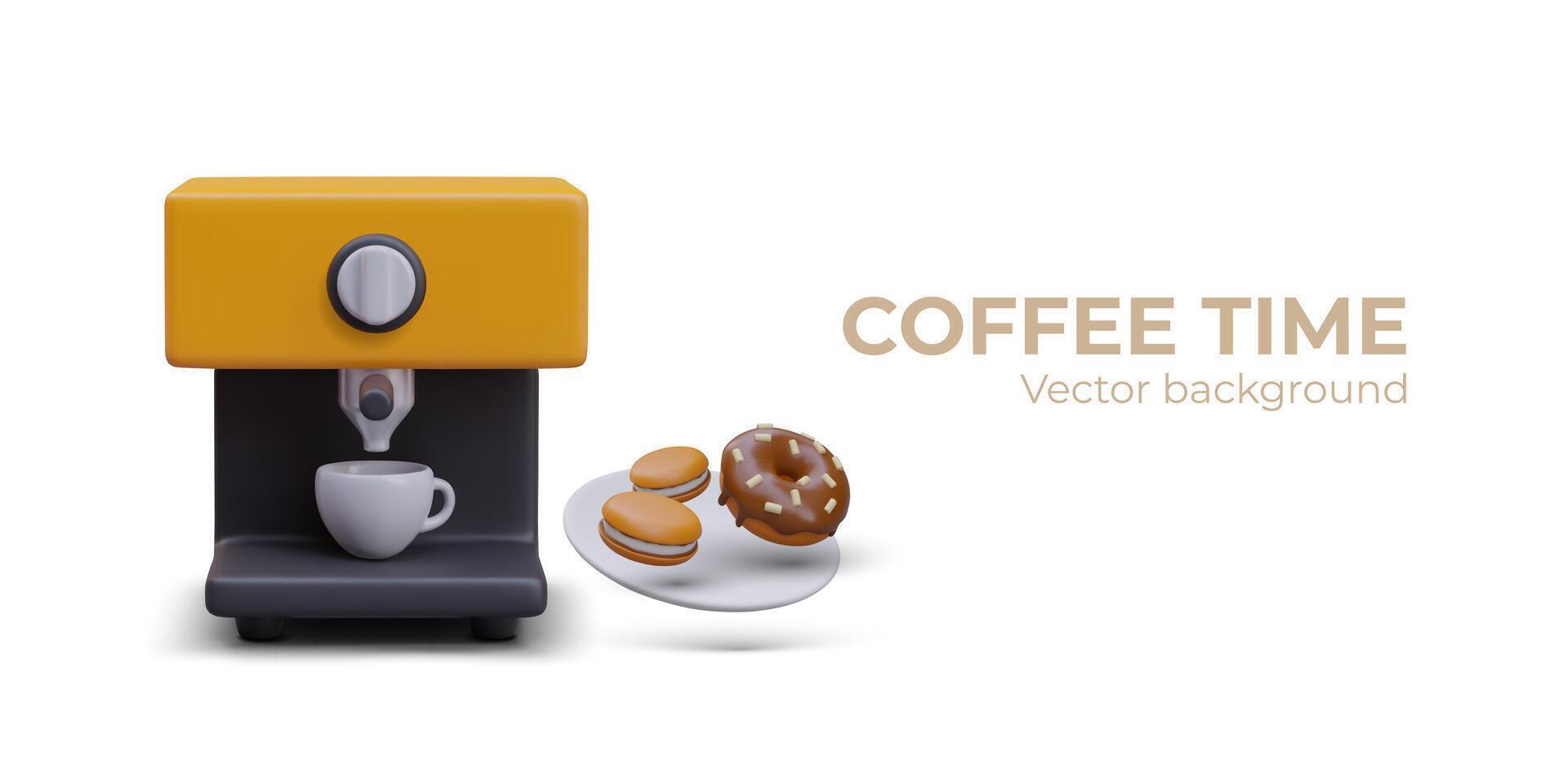 Realistic modern coffee machine with white cup, plate with chocolate donut, and tasty cookies vector