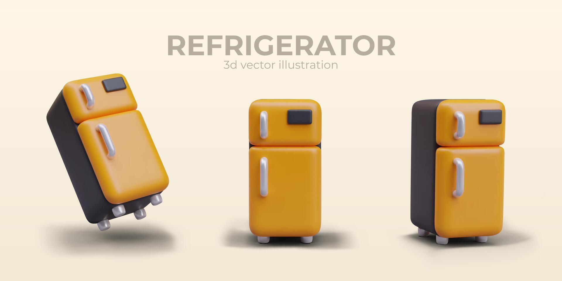 Composition with realistic yellow refrigerator in different positions vector