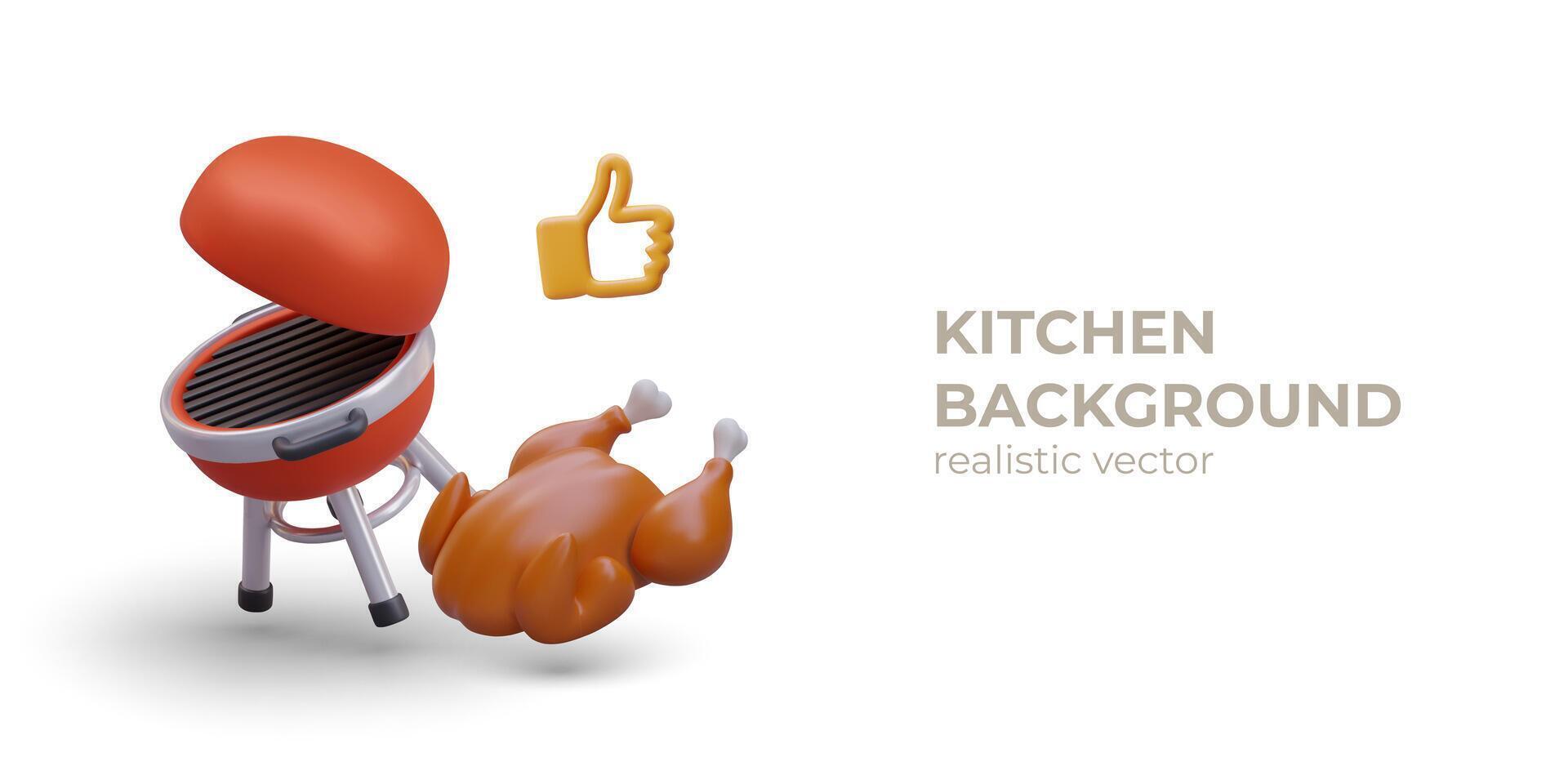 realista póster con rojo parrilla. concepto de comida preparación. Cocinando pollo en fuego vector