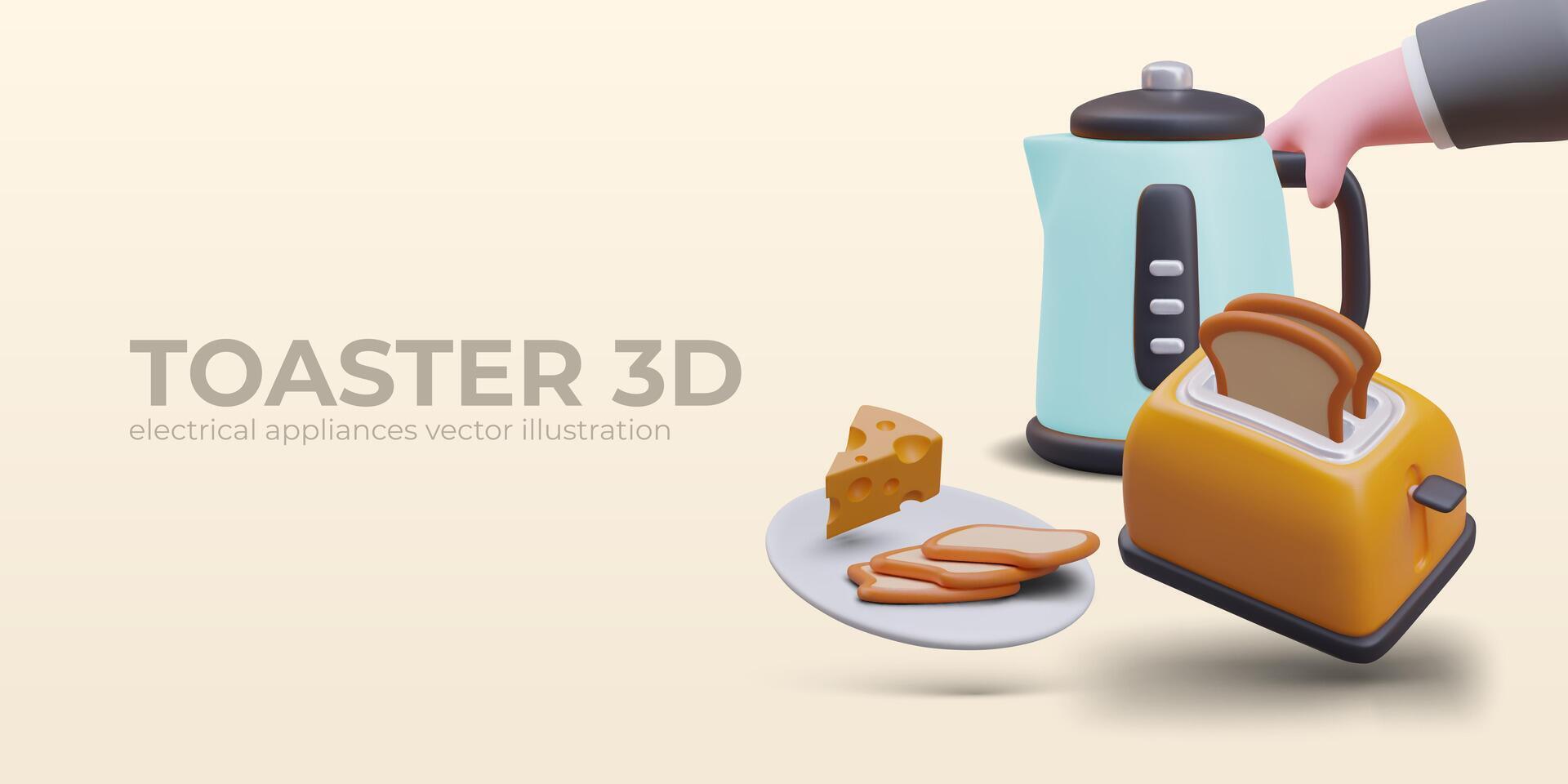3D toaster, electric kettle, piece of cheese, sliced bread vector