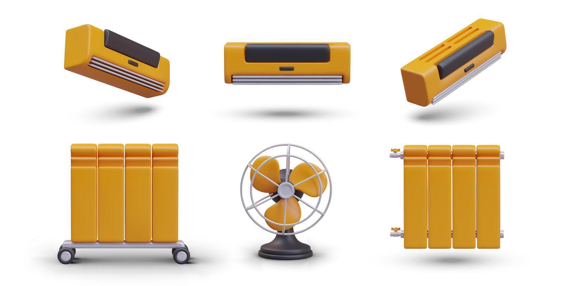 Composition with different climate devices. Realistic air conditioner in different positions
